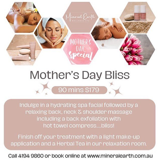 MOTHER&rsquo;S DAY BLISS 🧖&zwj;♀️ Treat yourself or a special mum in your life to our Mother&rsquo;s Day Bliss package. 

It includes a relaxing massage, back exfoliation and spa facial, followed by a light makeup application and herbal tea. 

(Full