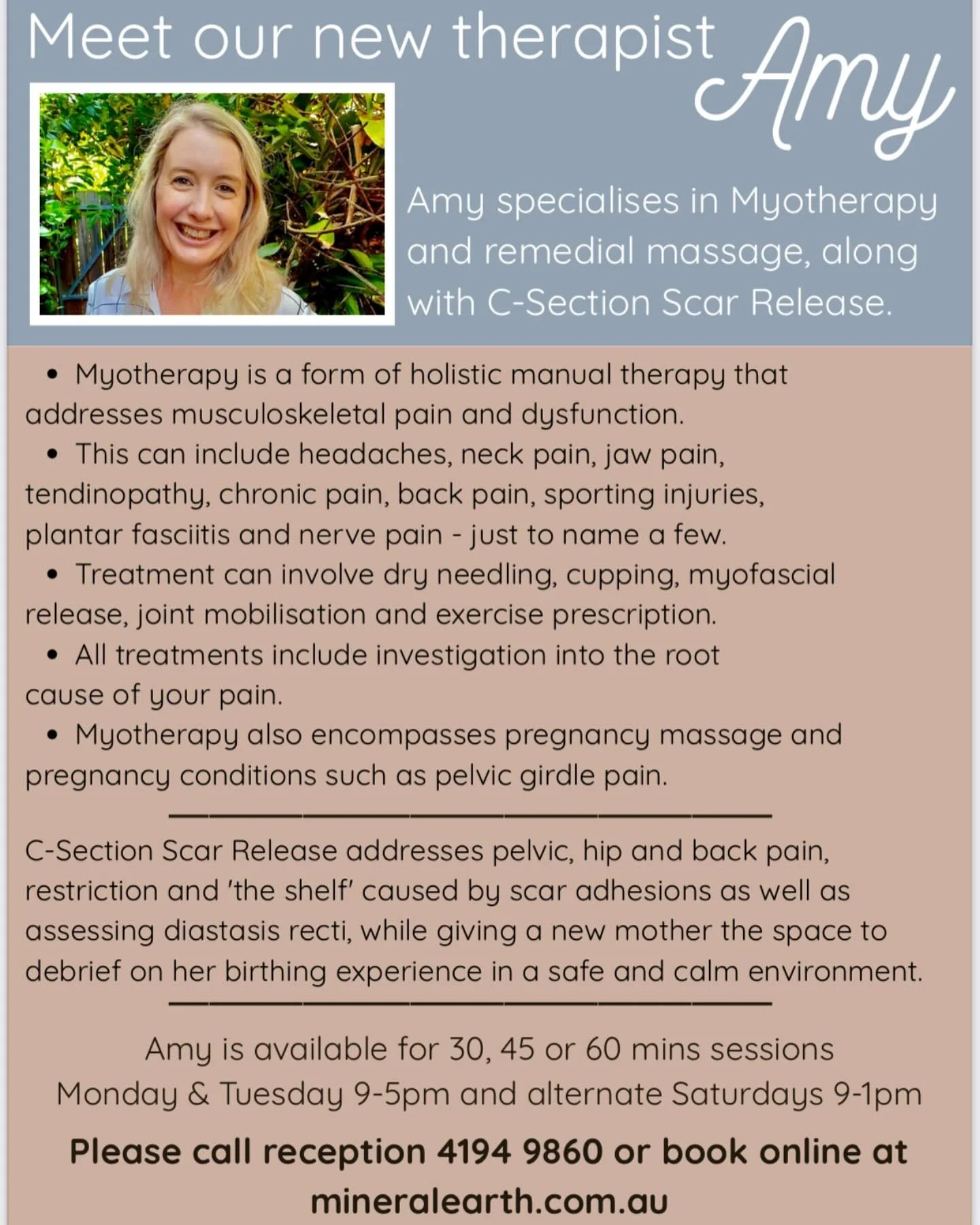Very excited to have Amy on board with us here at Mineral Earth! Call or book online for an appointment.