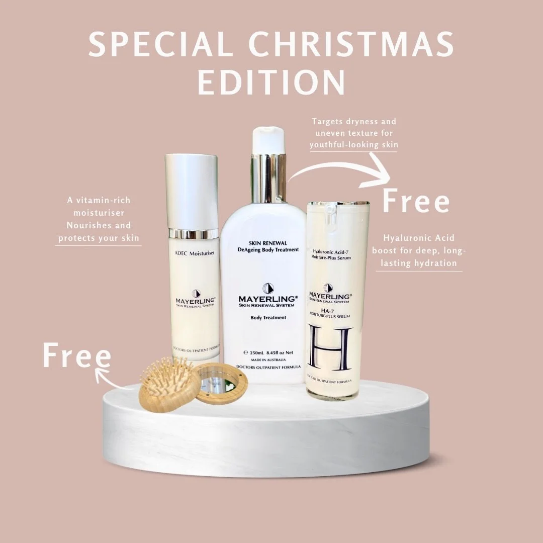 ✨Give the gift of glowing 🎁
Protected skin with the Mayerling Skin Renewal System✨

Your pack includes:
✨HA-7 Moisture Plus Serum $140
✨ADEC Facial Moisturiser $120
🎁Receive FREE the DeAgeing Body
Treatment (250ml) and a Bamboo Brush
&amp; Mirror 
