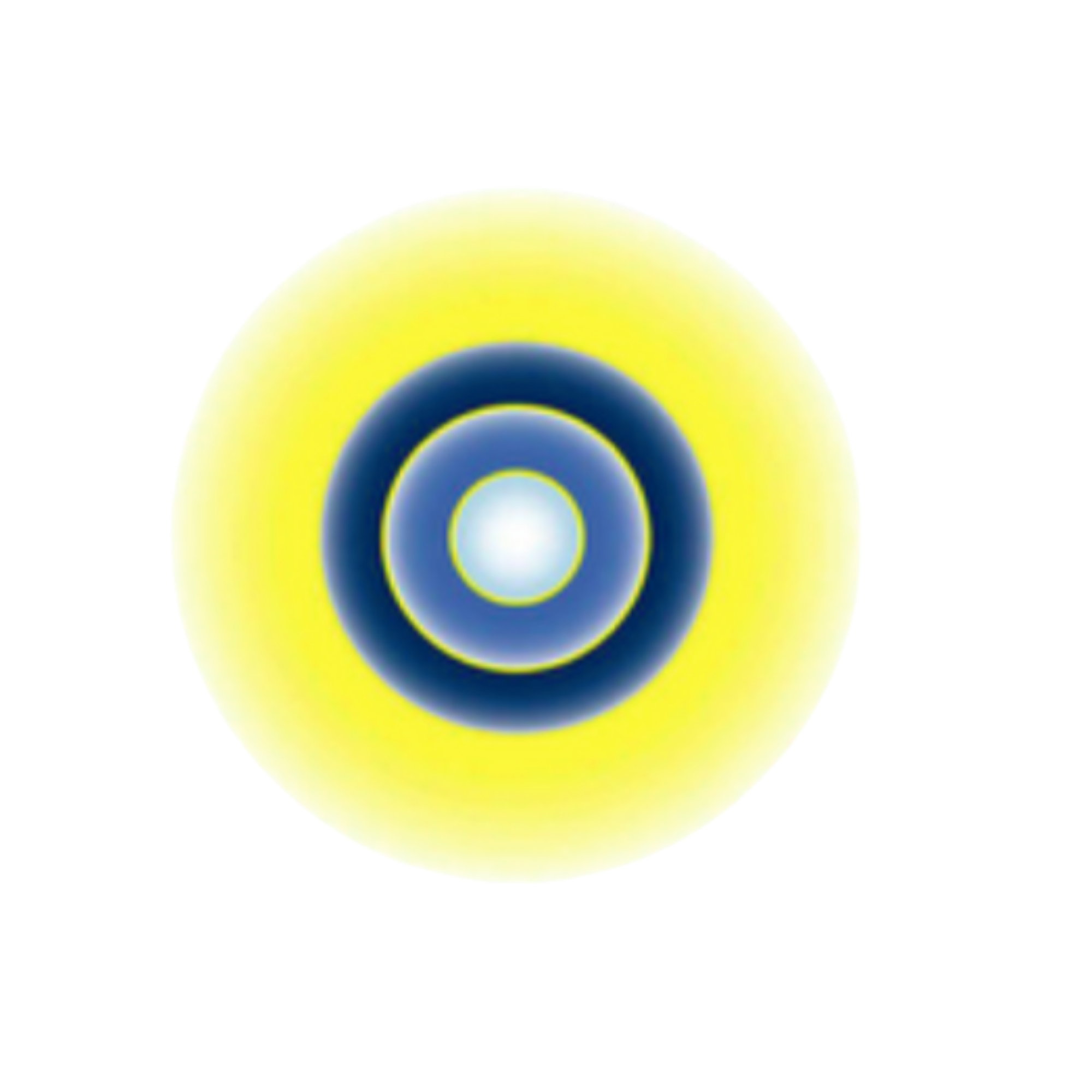 Close-up of a computer speaker with concentric circles, featuring a yellow outer ring and blue inner rings.
