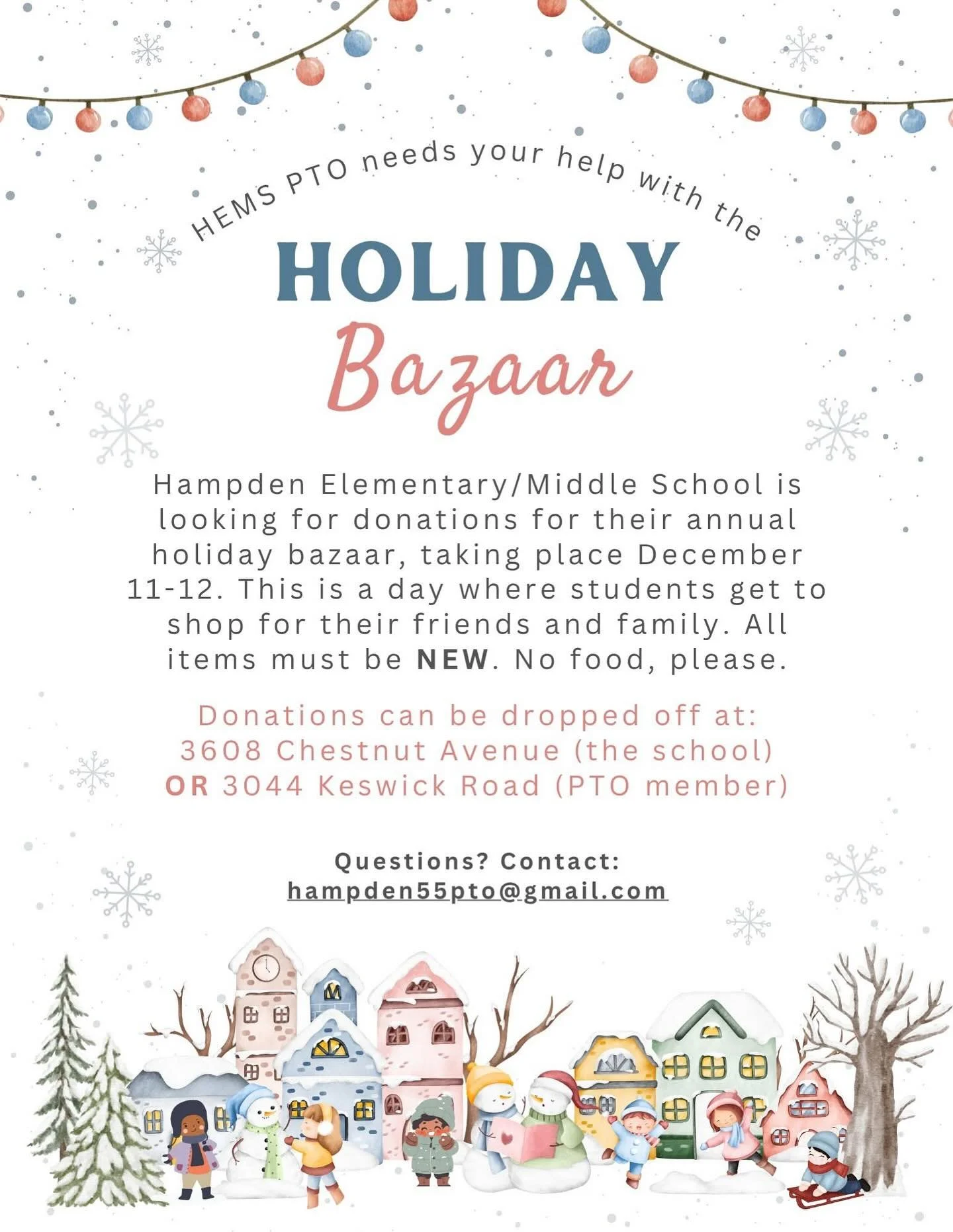Donations for Holiday Bazaar,

Hello wonderful community, the PTO (parent teacher organization) is looking for donations of new items that we could sell at the Christmas bazar. The idea behind the Bazar is that all kids can buy items for their friend