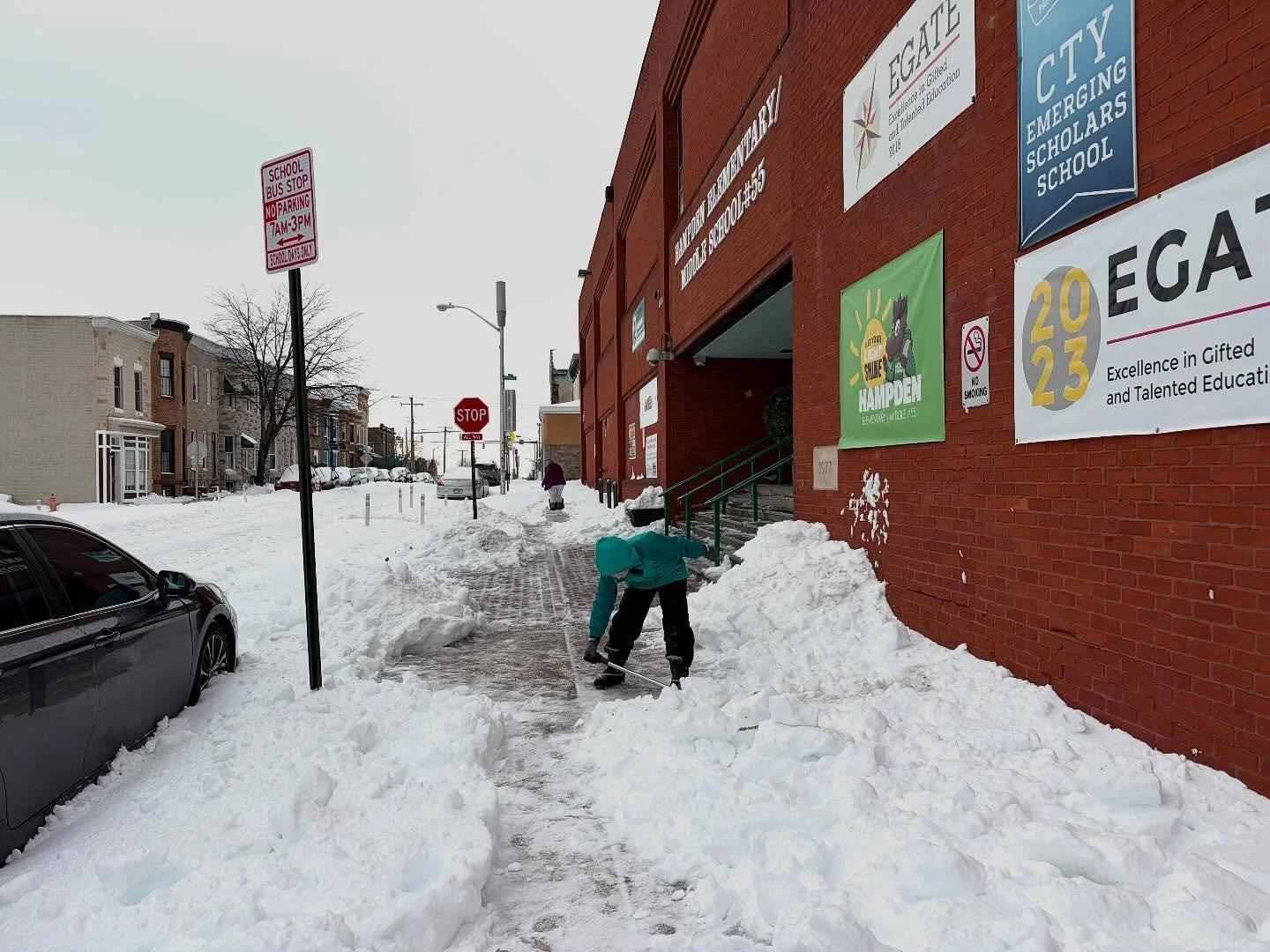 HEMS families have been clearing out the hard snow around the school all morning! Always grateful for our community. If you have abundant salt&hellip; please come on over and throw some on the pathways. Thank you!