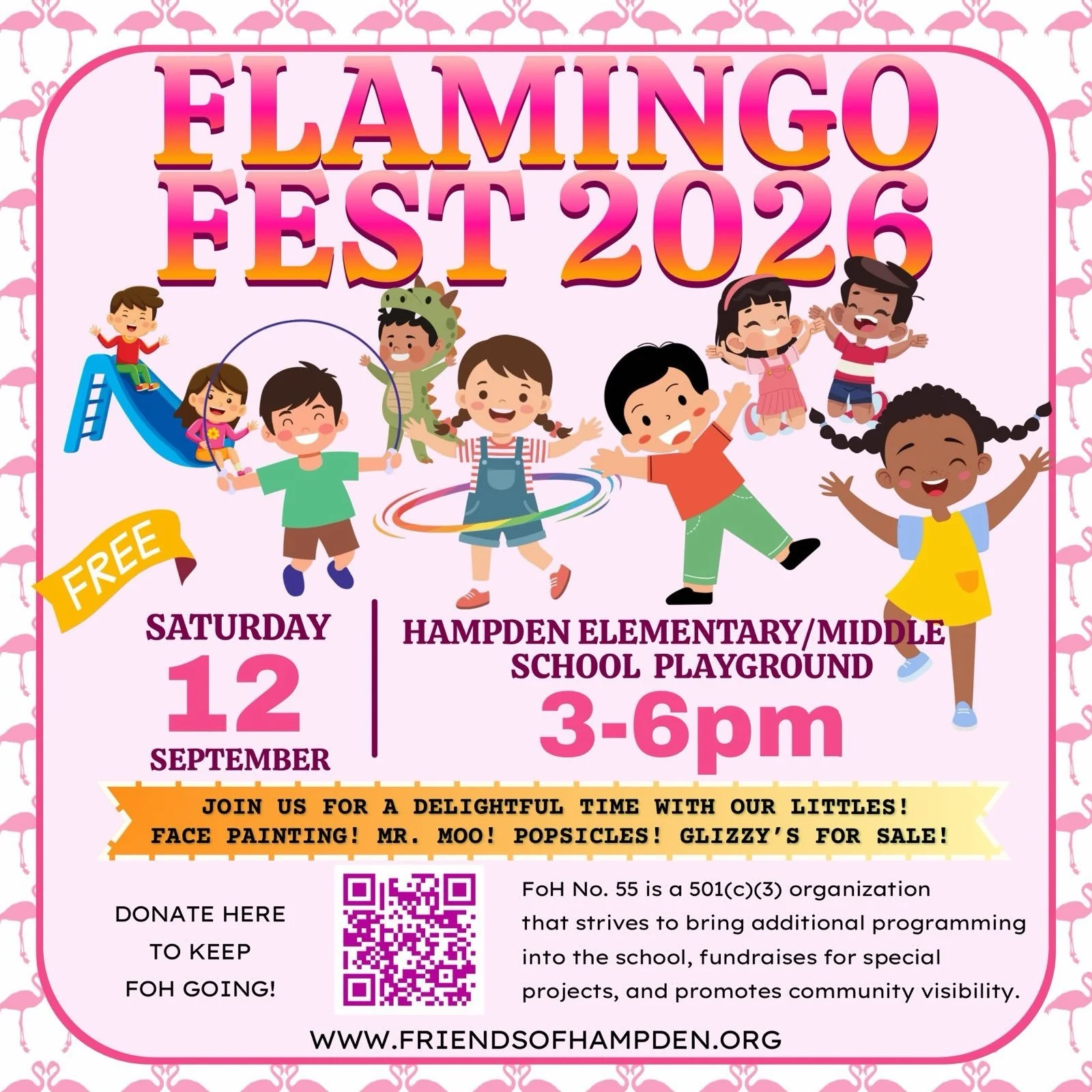 Next weekend, on September 12, is the third Flamingo Fest! This is a sweet street style festival for the littles. 
There will be activities and fun times run by Mr. Moo, fun things to do, and if you get hungry, Glizzy&rsquo;s for sale. 

Please come 
