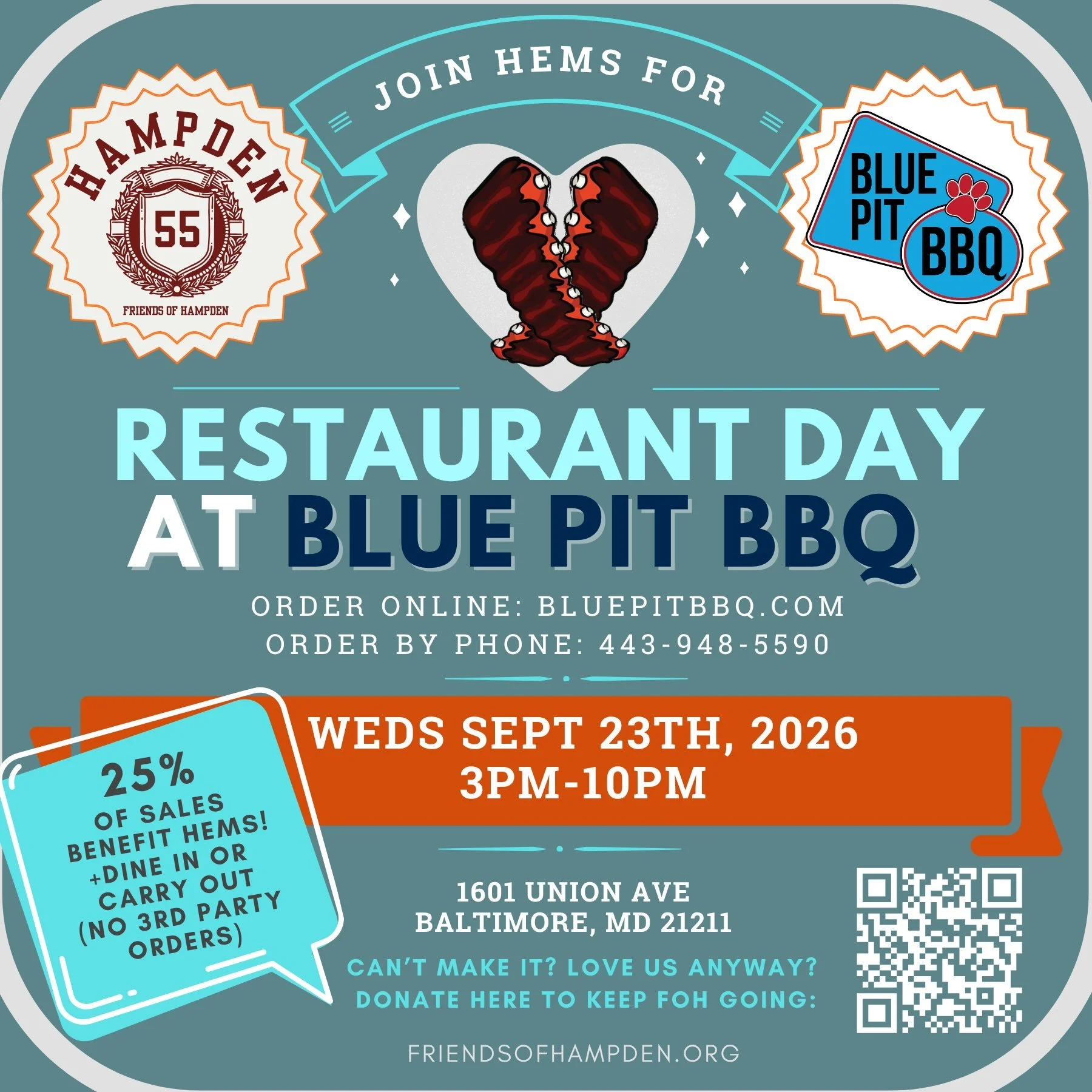 NEXT WEEK! Please put this on your calendar: 
Our @bluepitbbq restaurant day is next Wednesday, September 23, from 3pm-10pm. 
We&rsquo;ll have some special prizes to give away!!