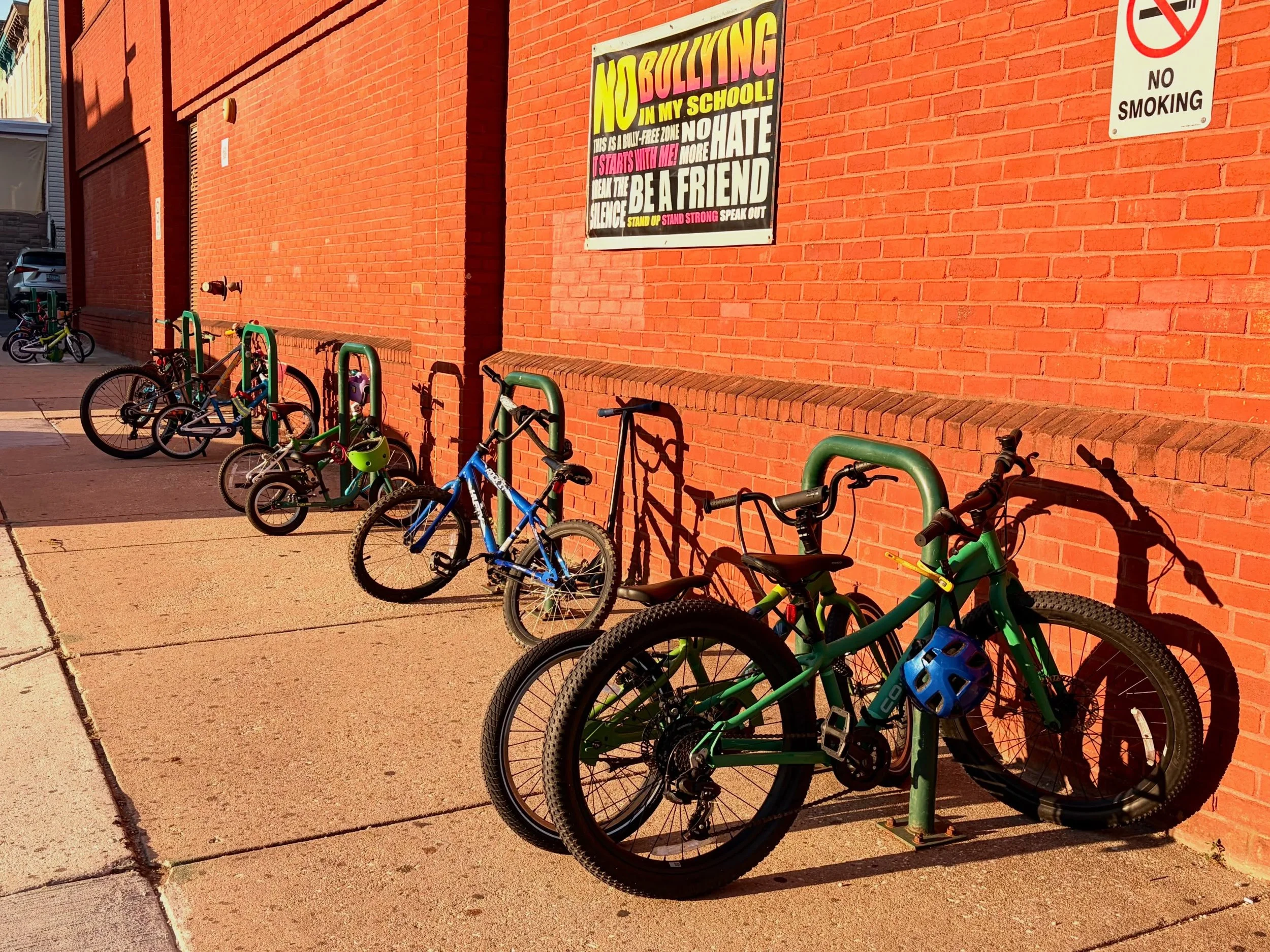 A huge thank you to @bmorecitydot for installing new bike racks along the school. 
We have a large population of bike riders and bike racks were so very needed! They were immediately filled this morning (see photo of a very tiny bicycle). Thanks to T