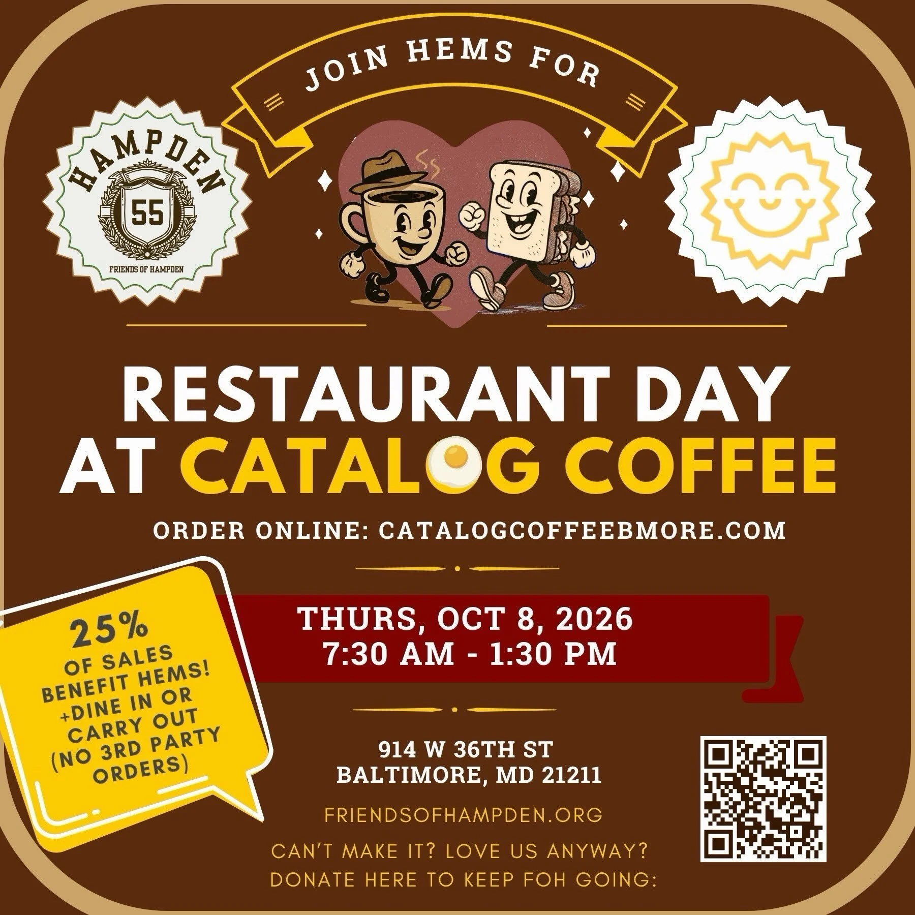 This Thursday!!! Please come by Catalog coffee for delicious coffee and sandwiches! A generous portion of proceeds from breakfast and lunch will go toward Friends of Hampden. See you there!!