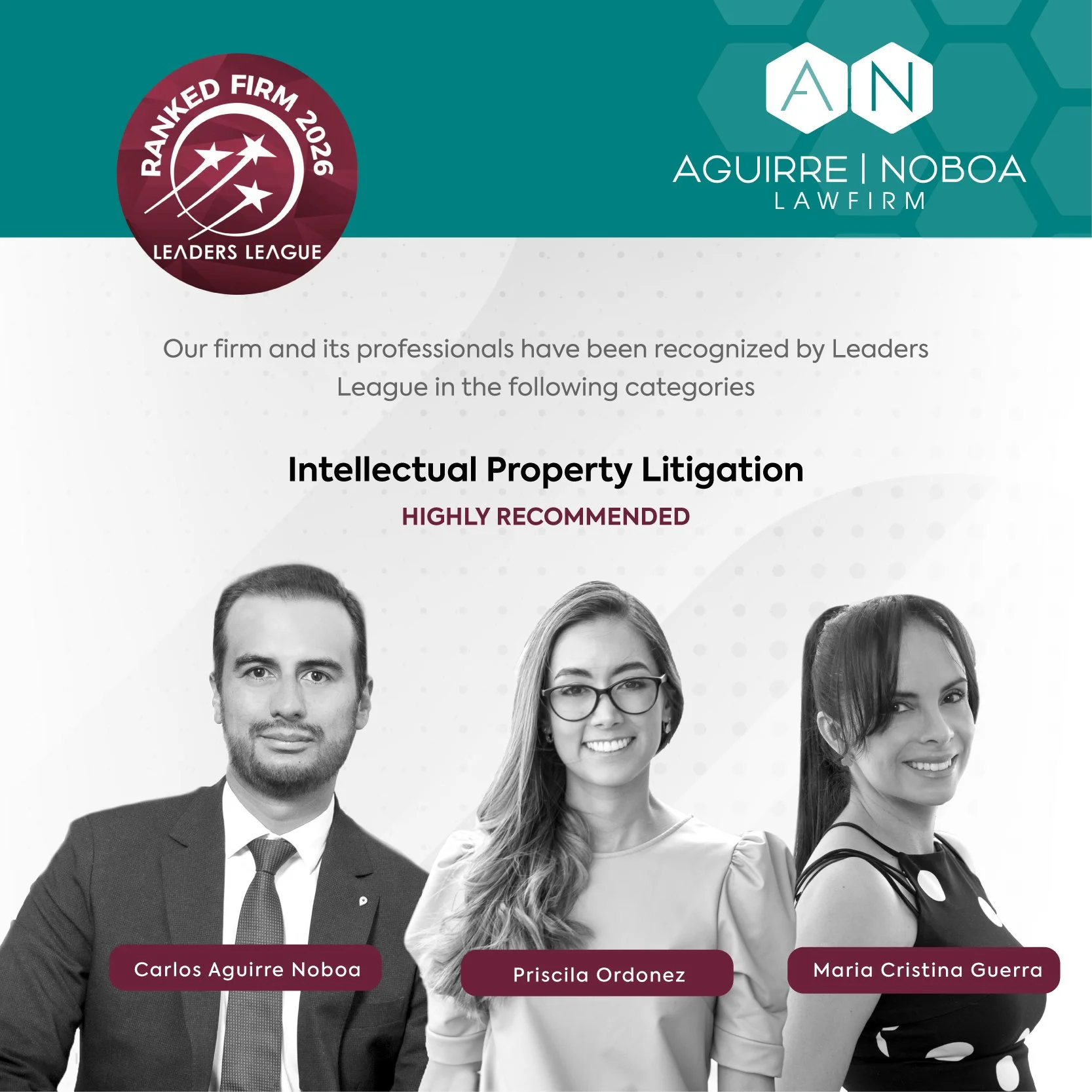 Aguirre Noboa Law Firm es reconocida por Leaders League 2026 entre las principales firmas de Propiedad Intelectual del Ecuador