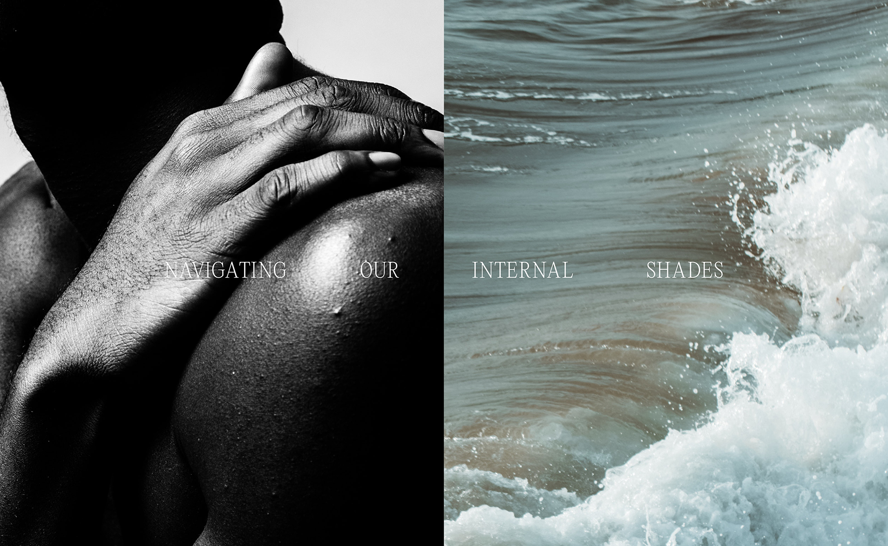 Hue Therapy | Kerime Abay | A split image with a black-and-white photo of a person’s shoulder and hand on the left, and a view of ocean waves on the right. Text in the center reads "Navigating Our Internal Shades."