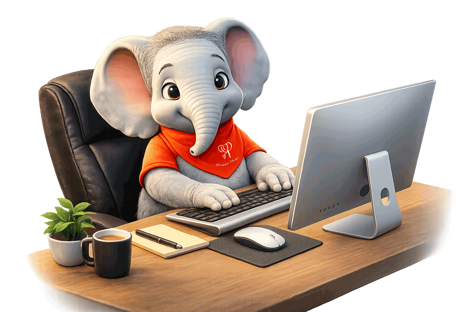 elephant sitting at a computer desk typing