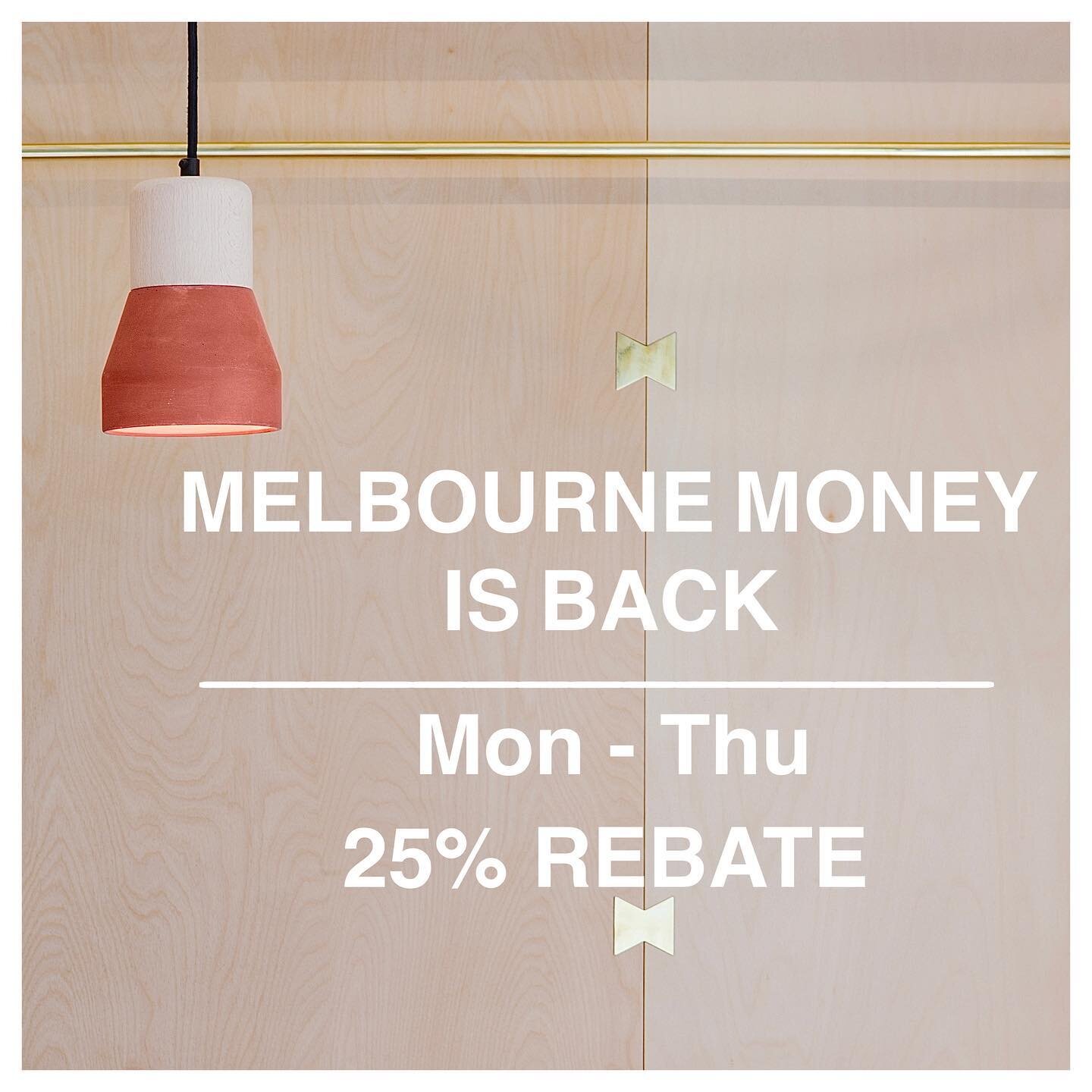 Hey Melbourne! Our wonderful mayor Sally Capp has announced:

&lsquo;From Monday 7 March, you&rsquo;ll be able to claim 25 per cent back on your bill when you spend between $40 and $500 in Melbourne&rsquo;s cafes, restaurants and bars between Monday 