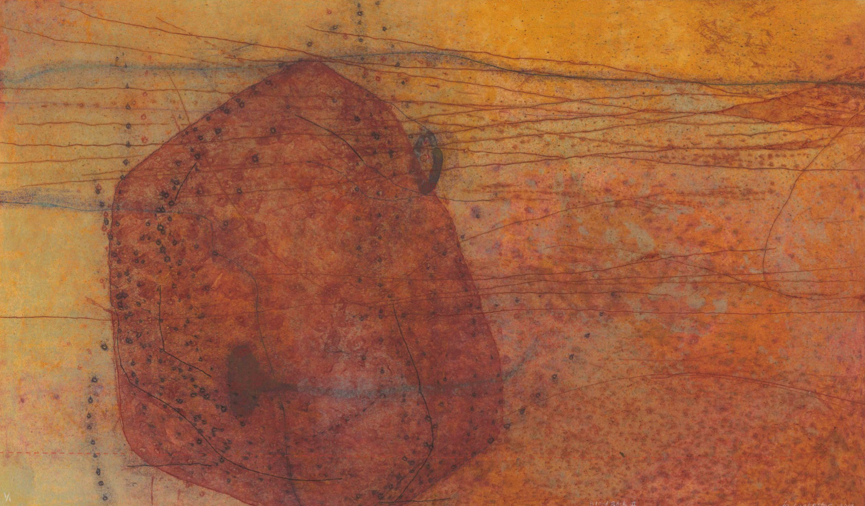   Blood Rock II,&nbsp; 2019, Jo Lankester, Unique state print– Multi-colour plate intaglio print and hand stitching in a Tasmanian Oak frame, 77 x 117cm.  