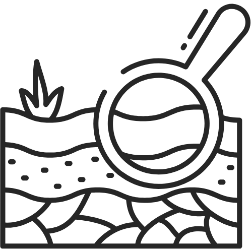 A magnifying glass examining ground with rocks and a small plant.