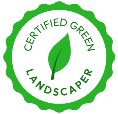 Green certified green landscaper badge with a leaf in the center