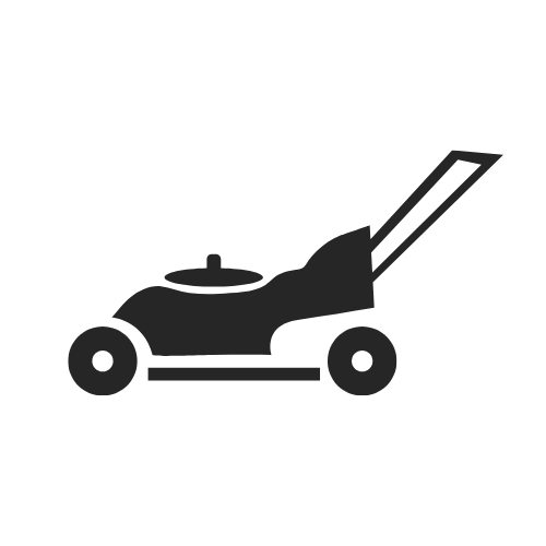 Silhouette of a lawn mower with a handle and wheels.
