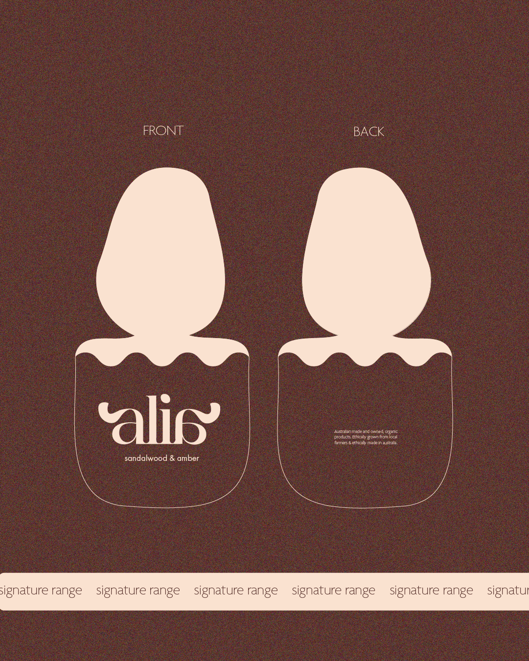Illustration of two skincare product bottles labeled "ali6 sandalwood & amber," with front and back views, on a brown background. The bottom section features text "signature range."