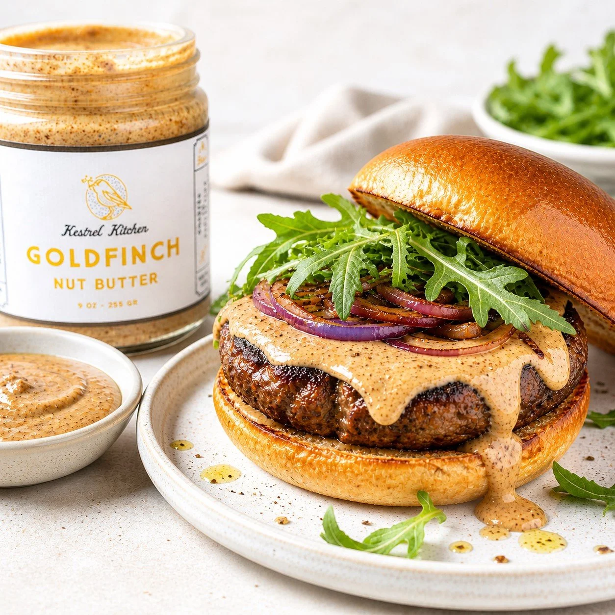Goldfinch Burger with Arugula, White Cheddar and Garlic Aioli