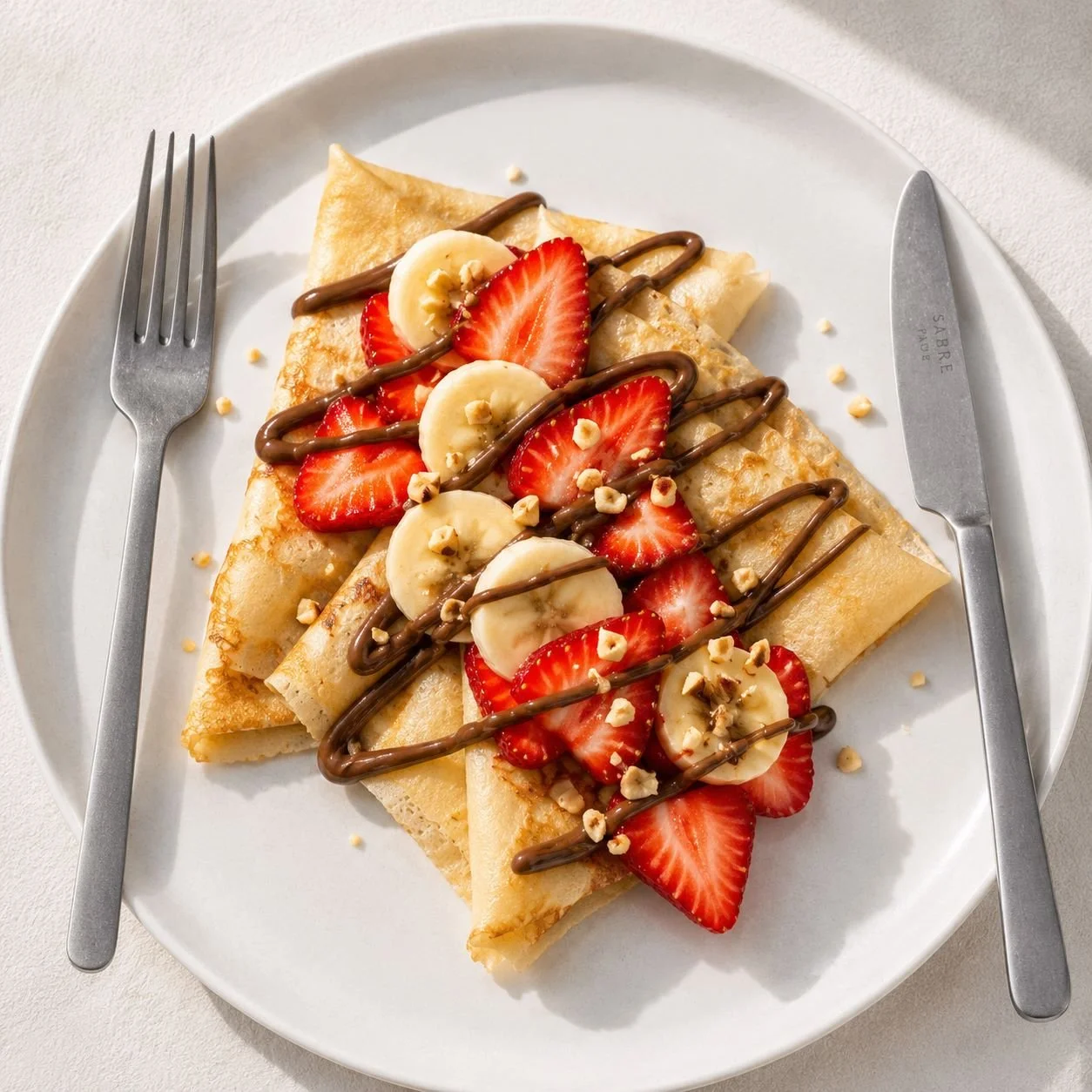 gourmet chocolate brazil nut butter drizzled over crepes with strawberries