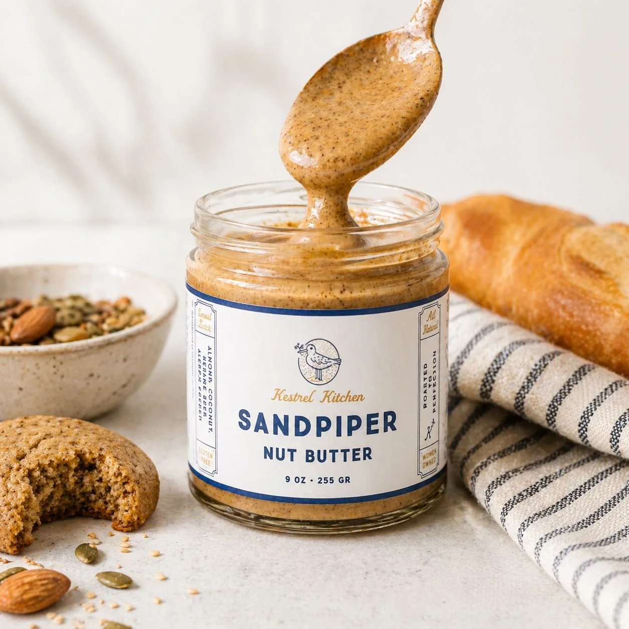 lifestyle shot of spoon dipped in almond coconut butter with bread