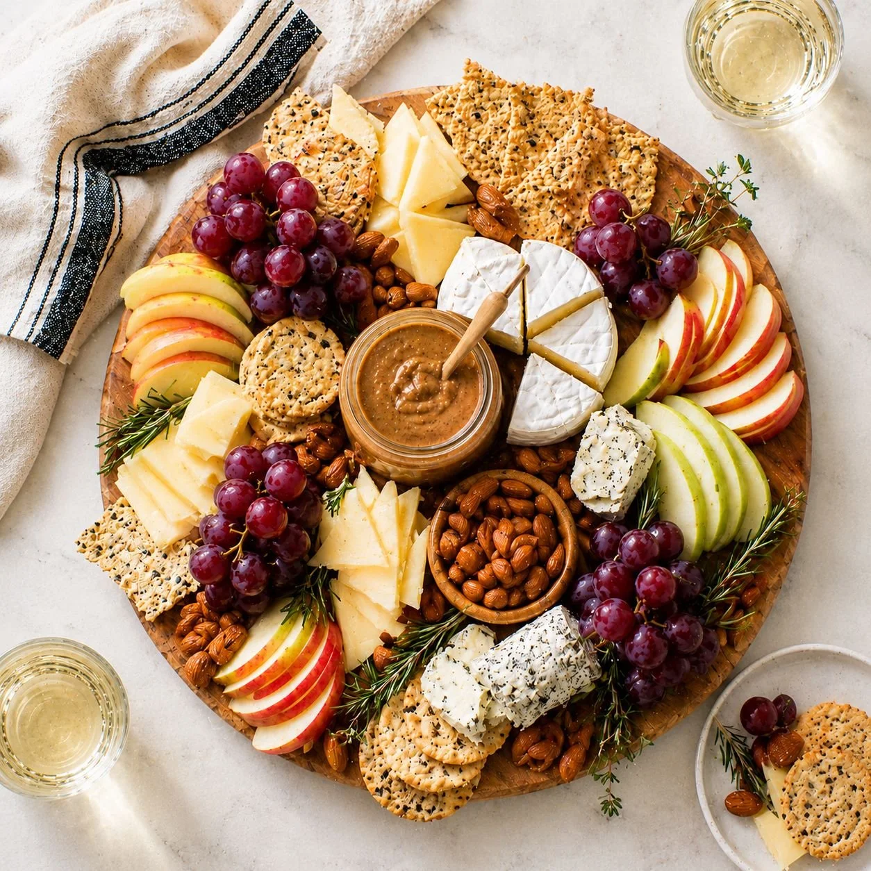 charcuterie board with gourmet nut butter, apples, grapes, cheese, crackers and nuts