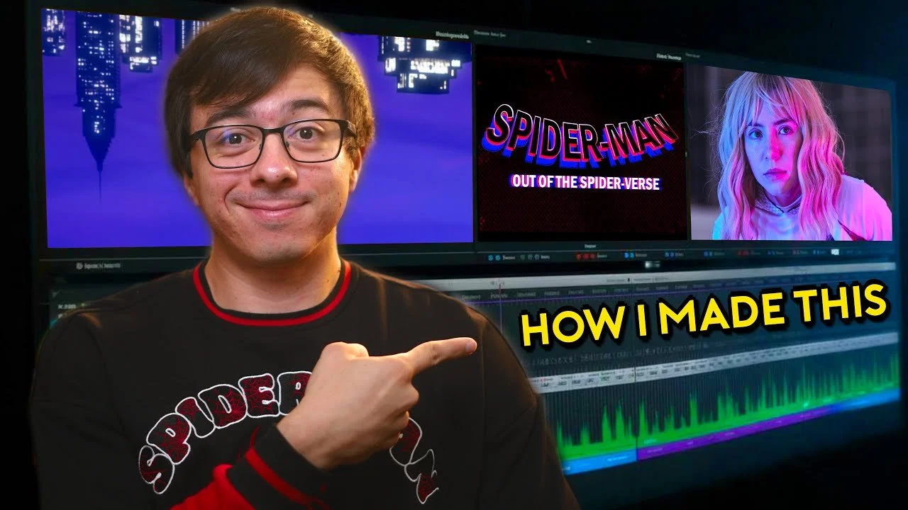 A man with glasses smiling, pointing at a video editing screen displaying the film titles "Spider-Man: Out of the Spider-Verse" and a woman with blonde hair with pink highlights. The text "HOW I MADE THIS" appears in yellow on the image.