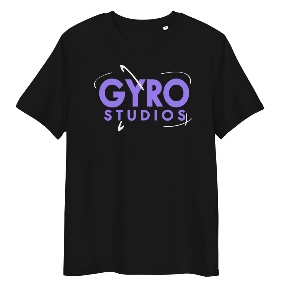 Black T-shirt with purple and white text that reads 'GYRO STUDIOS' and swirling line graphics.