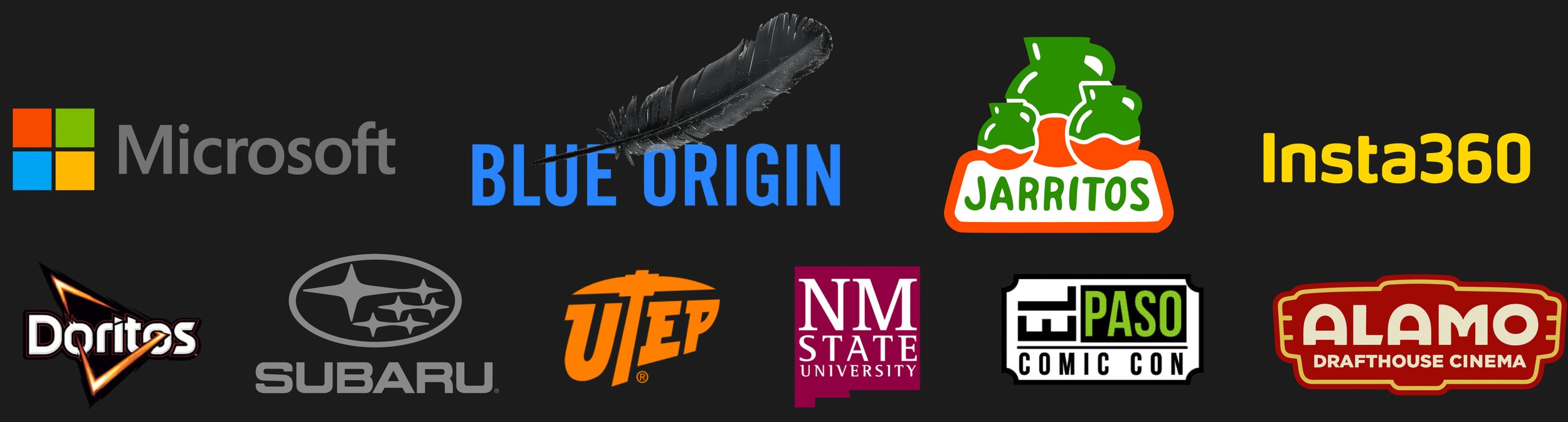 A collection of logos including Microsoft, Blue Origin with a feather, Jarritos, Insta360, Doritos, Subaru, UTEP, NM State University, El Paso Comic Con, and Alamo Drafthouse Cinema on a black background.