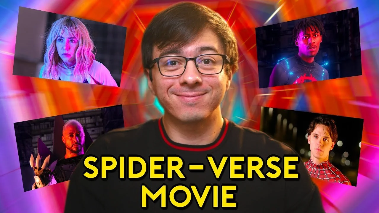 Thumbnail image featuring a smiling man in glasses with four smaller characters from Spider-Verse around him, and the text 'Spider-Verse Movie' at the bottom.