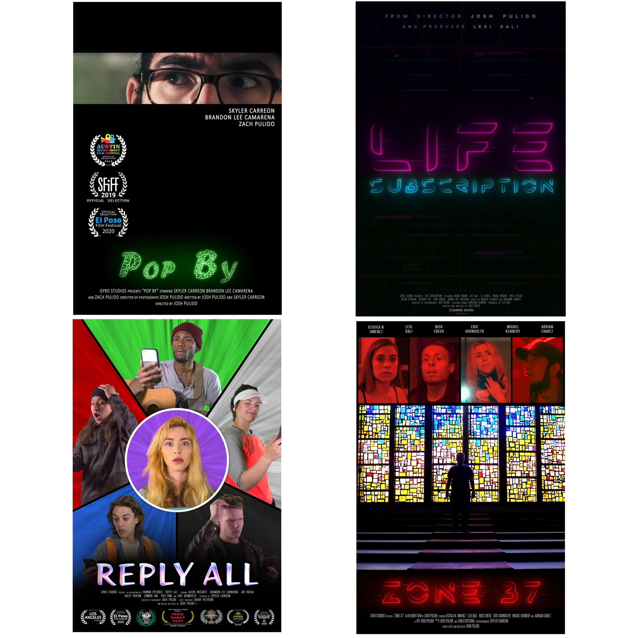 Collage of movie posters with a prominent neon sign reading 'LIFE SUBSCRIPTION' and images of diverse young people reacting to their phones, along with film festival awards and colorful abstract art.