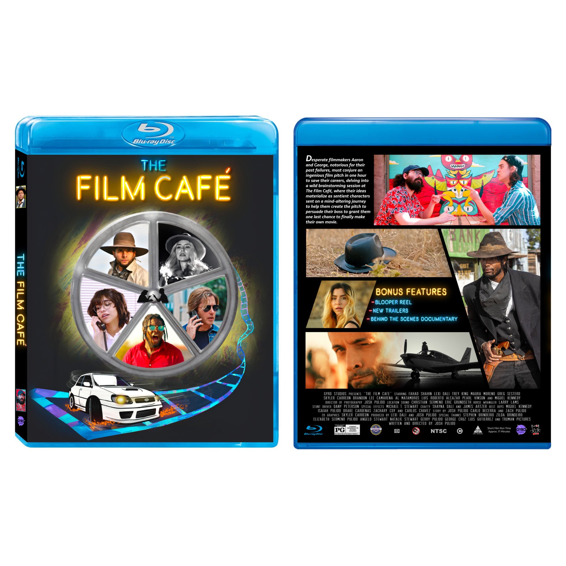 Image features vibrant promotional material for the movie 'The Film Café' including a collage of scenes with diverse characters, a sporty car, and colorful graphics, with credits and technical details at the bottom.