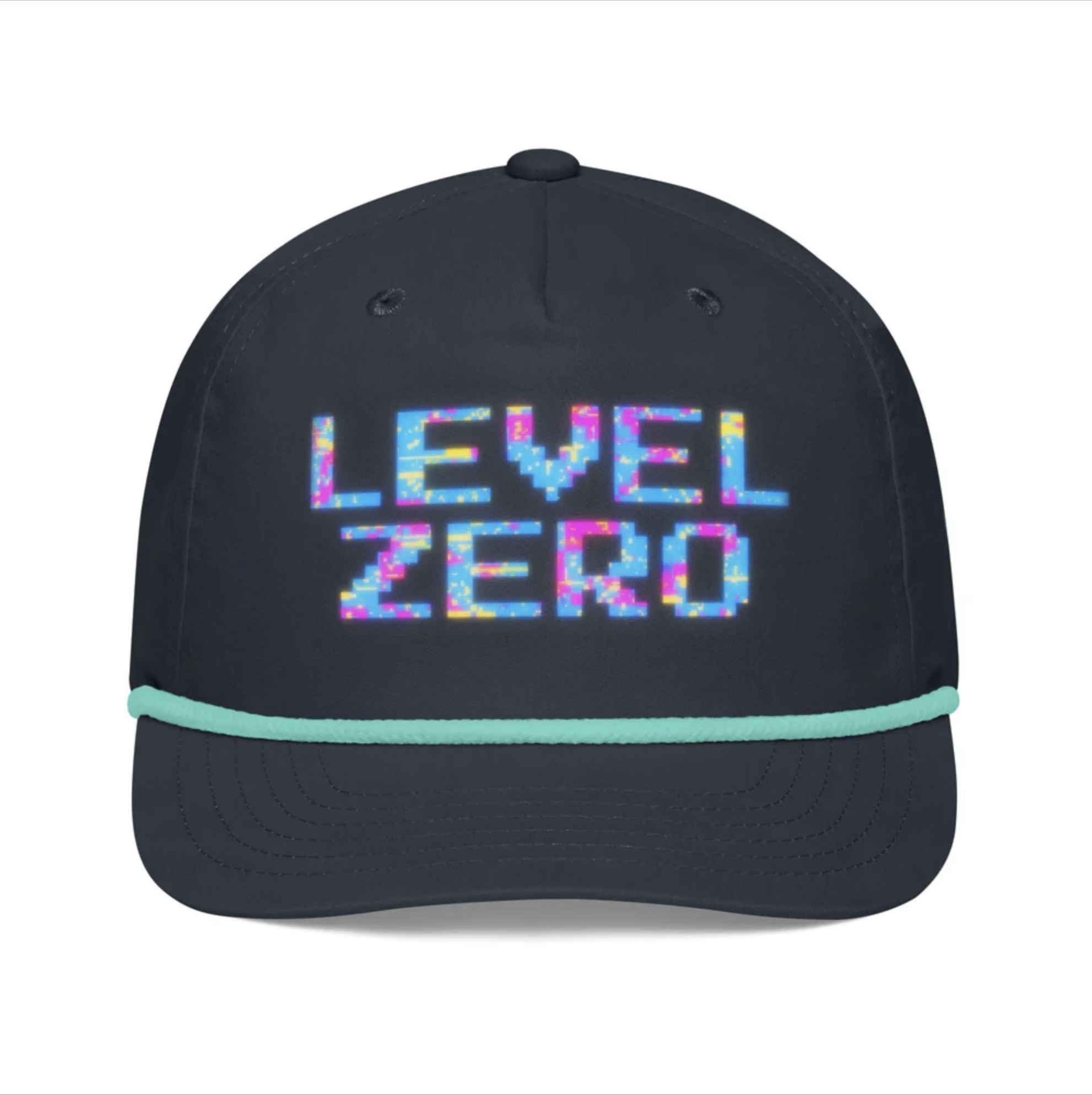 Close-up of a black baseball cap with a digital colorful display of the word "LEVEL" on the front, and a light blue accent on the brim.