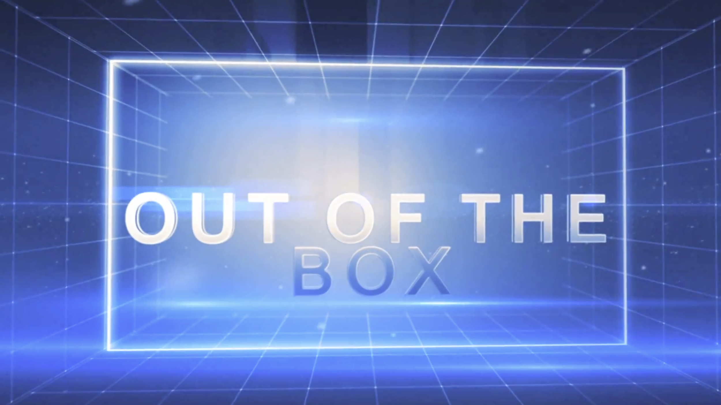 Futuristic digital box with the words "OUT OF THE BOX" displayed inside, surrounded by a glowing grid in shades of blue.