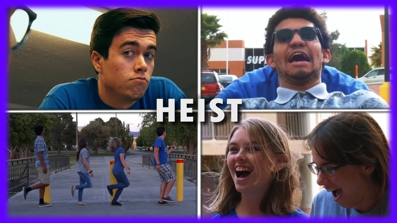 A collage of scenes from the movie 'Heist', showing characters in various situations including a woman with a mischievous expression, a man with sunglasses, kids running outside, and two young women laughing.