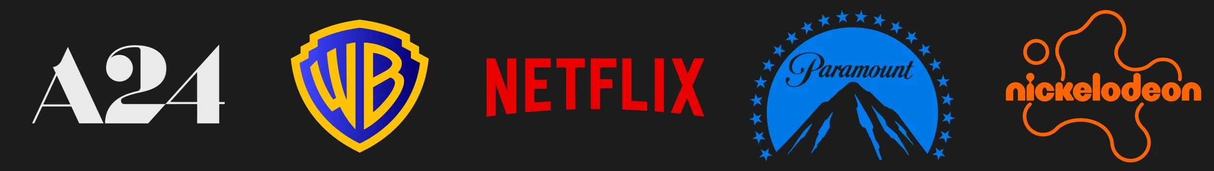 Logos of A24, Warner Bros, Netflix, Paramount, and Nickelodeon companies on a black background.
