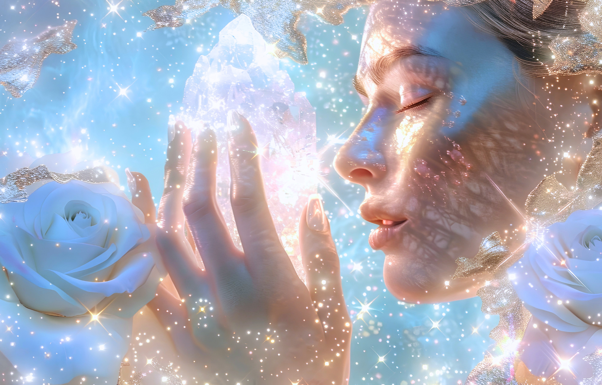 Woman in sacred meditation holding a large crystal cluster surrounded by glowing blue roses in the Rose Starlight Temple