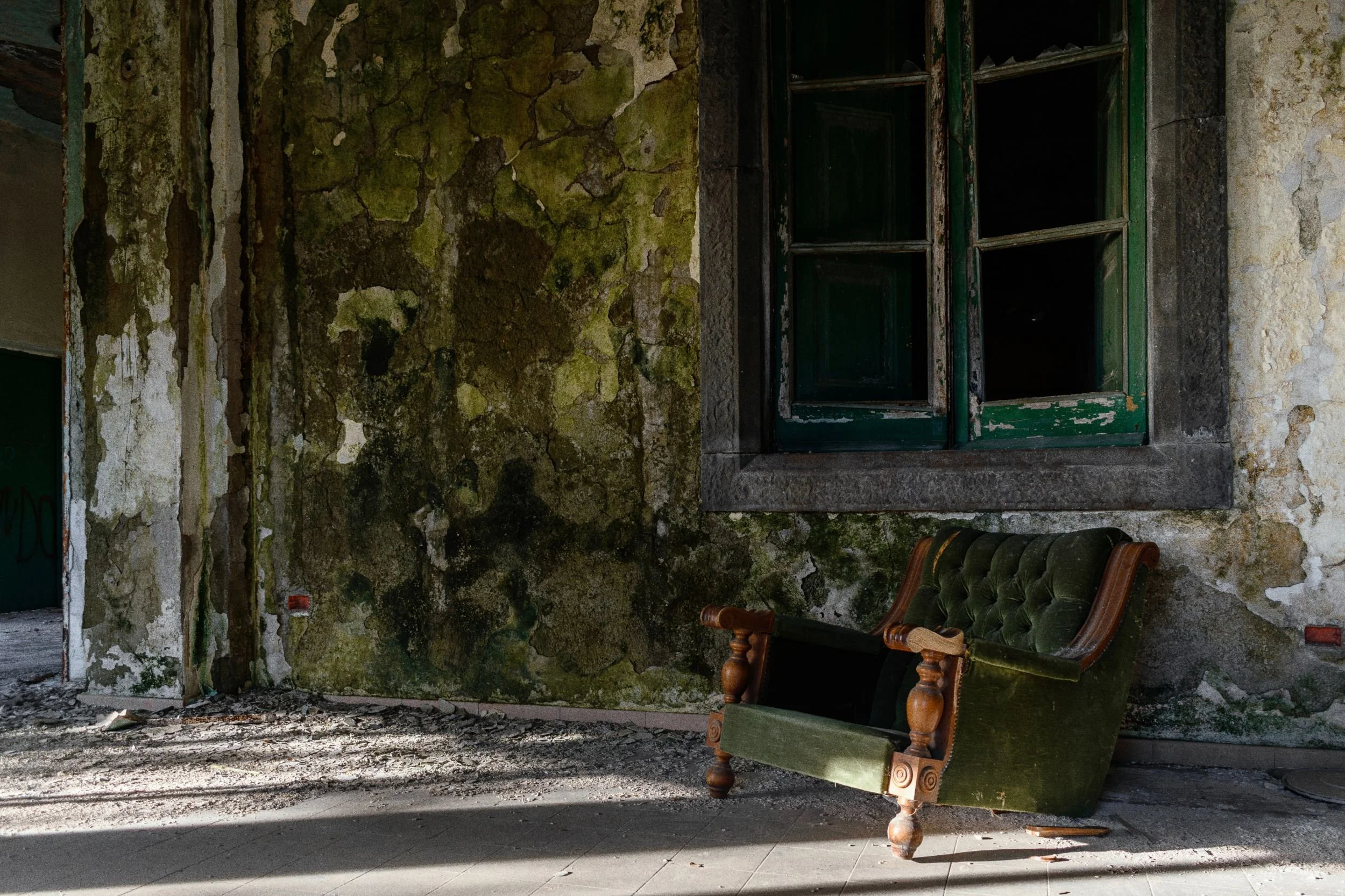 An armchair left in a room where moss and damp cover the walls
