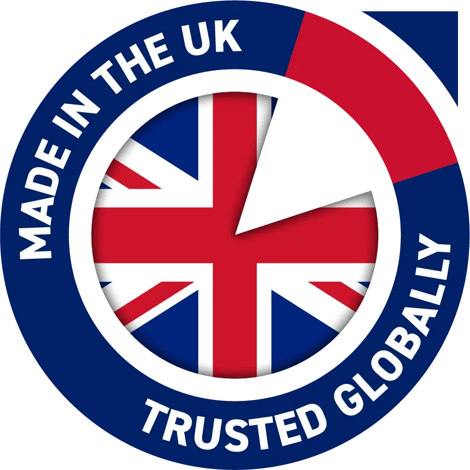 Perkins Diesel Generators UK - A circular logo with the British flag inside a blue ring. The ring has white text that reads 'Made in the UK' at the top and 'Trusted Globally' at the bottom.