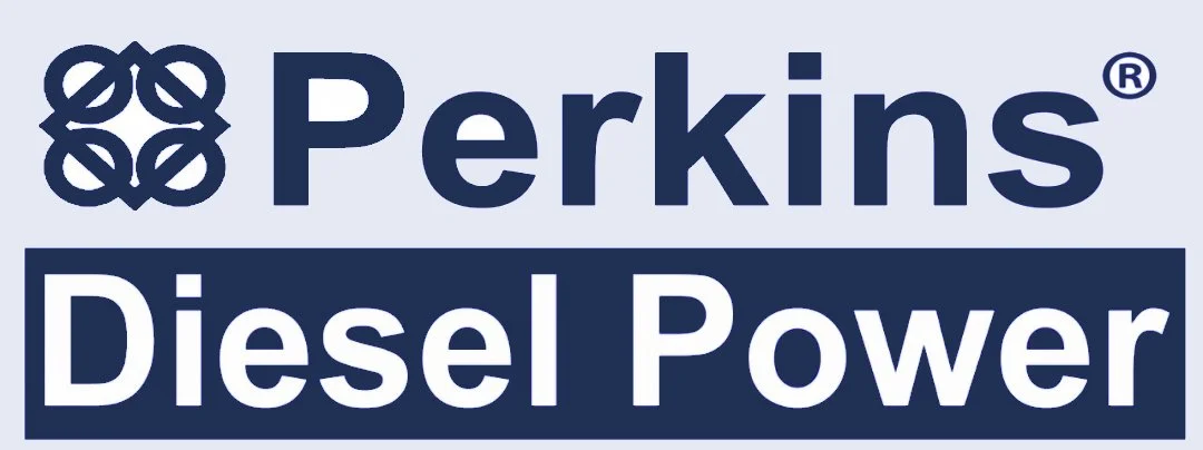 UK Made Perkins Generators - Perkins Diesel Power logo with a connected double G-shaped emblem in dark blue and white background.