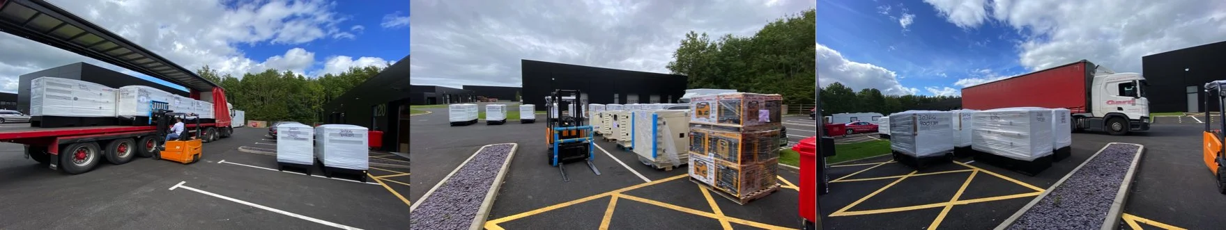 Perkins Diesel Generators UK - Outdoor scene with pallets and cargo being unloaded from trucks using forklifts in a parking lot, under a partly cloudy sky.