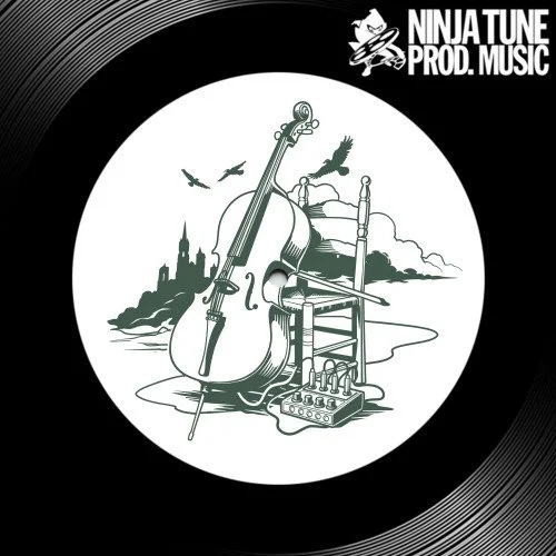 A black and white album cover with a central illustration of a cello, a chair with a remote control or audio device on the floor, and a castle in the background with birds flying overhead. The top right corner features the text 'NINJATUNE PROD. MUSIC' with a ninja and musical note logo.