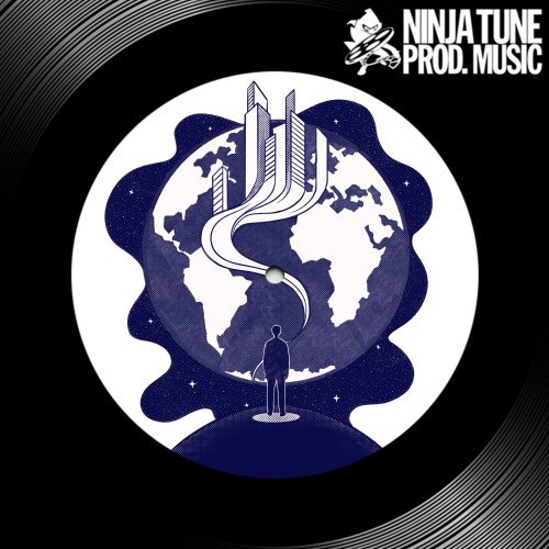 A graphic logo with a black background featuring a stylized globe with a person standing in front of it, city buildings emerging from the top, and the text 'Ninja Tune Prod. Music' in the upper right corner.
