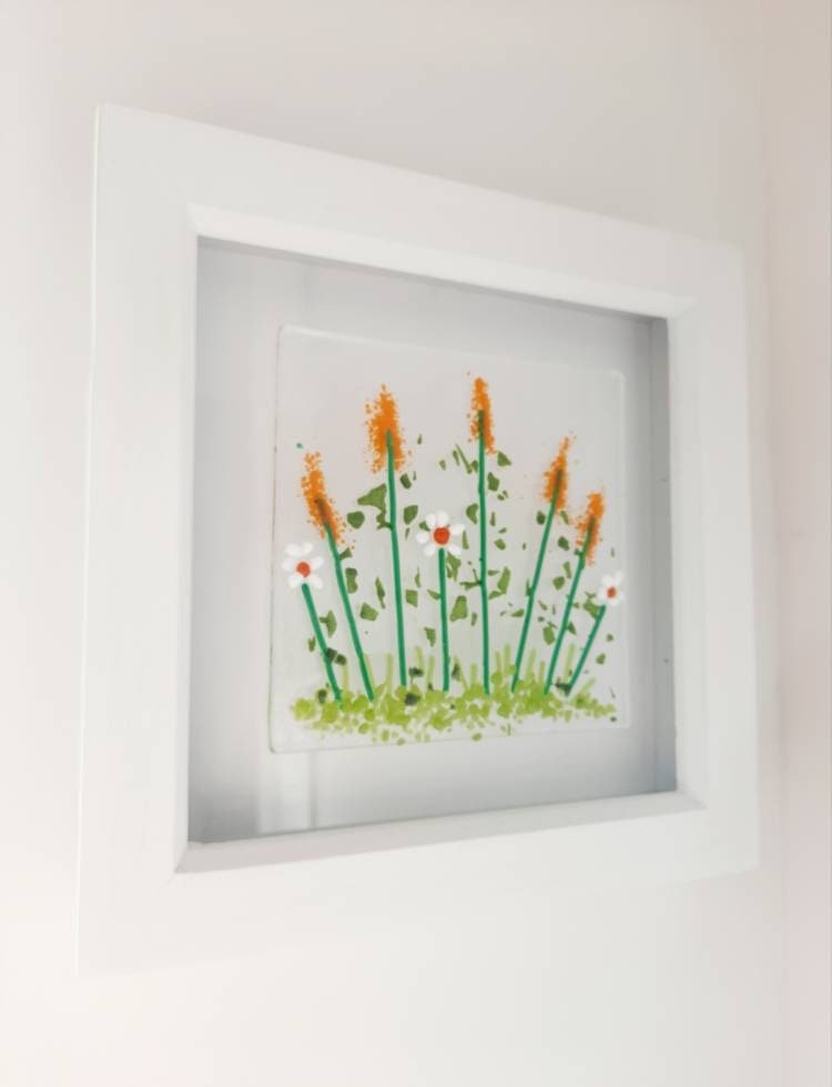 Framed fused glass spring flowers picture