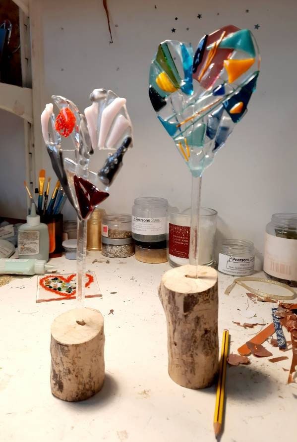 Awesome free-form lollipop fused glass heart in blue and mounted in driftwood