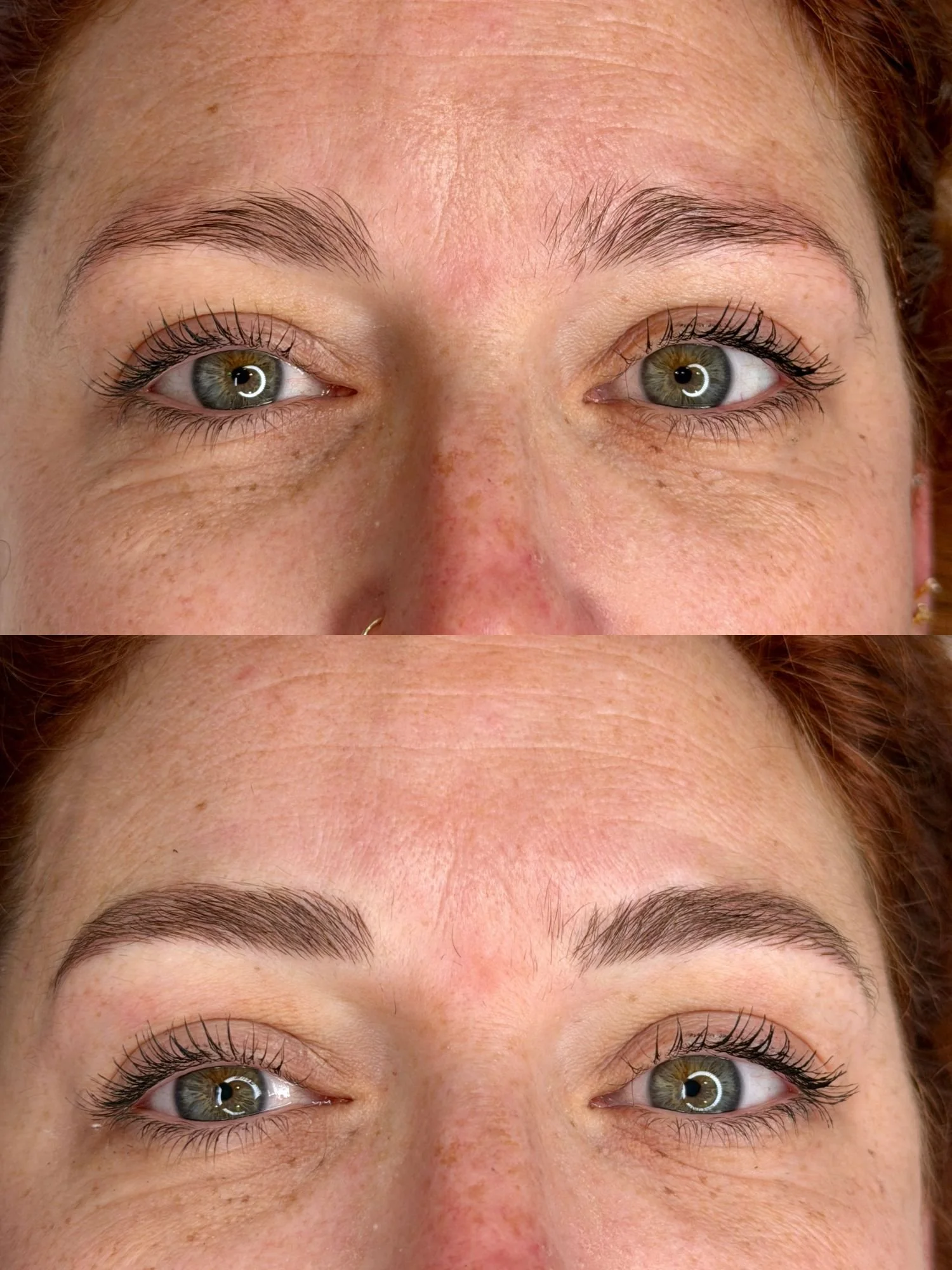 Before and after microblading in Surbiton: sparse, uneven brows filled with natural hair strokes.