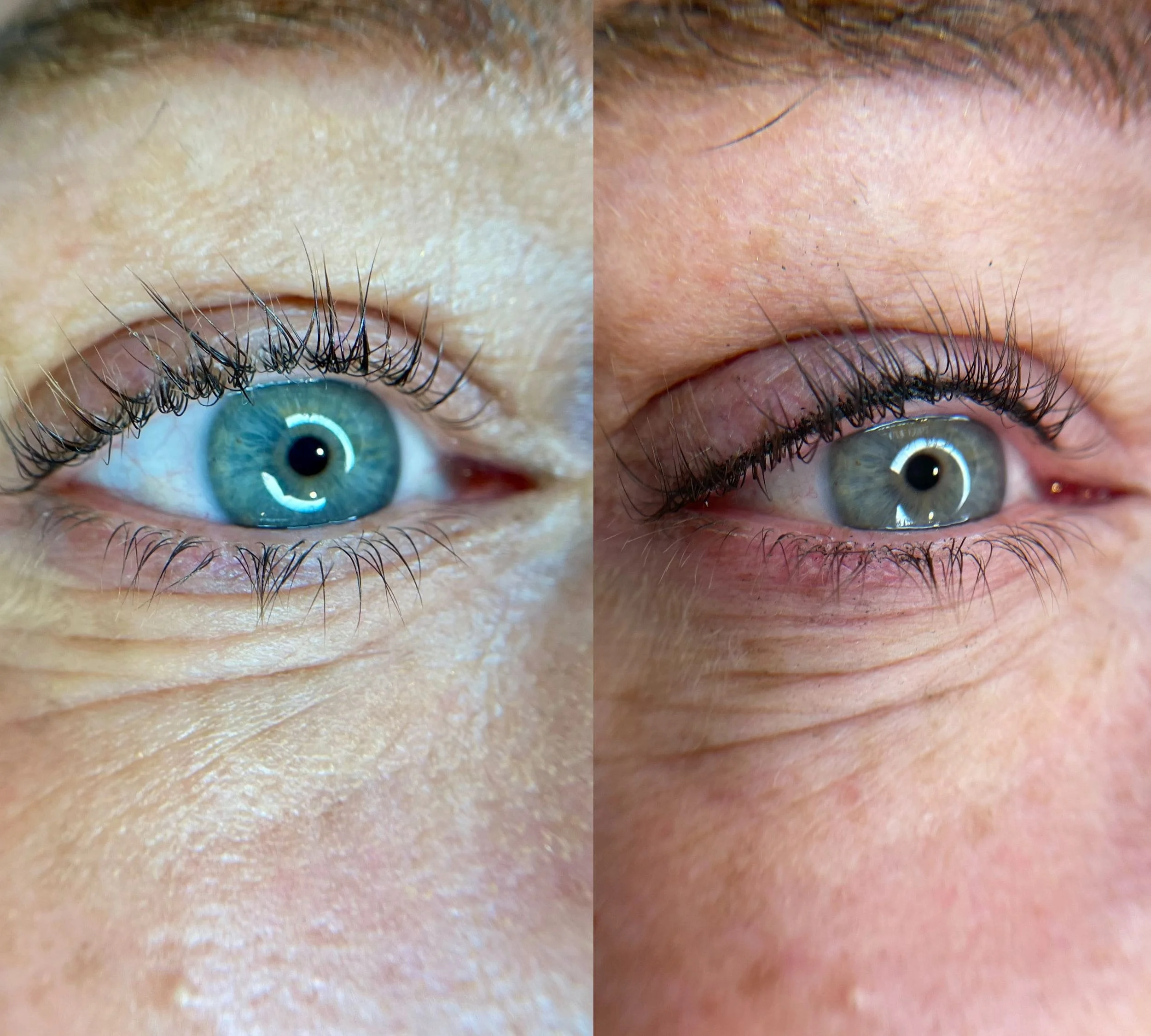 Permanent eyeliner before and after on a blue eye: fuller-looking upper lash line, Surbiton studio