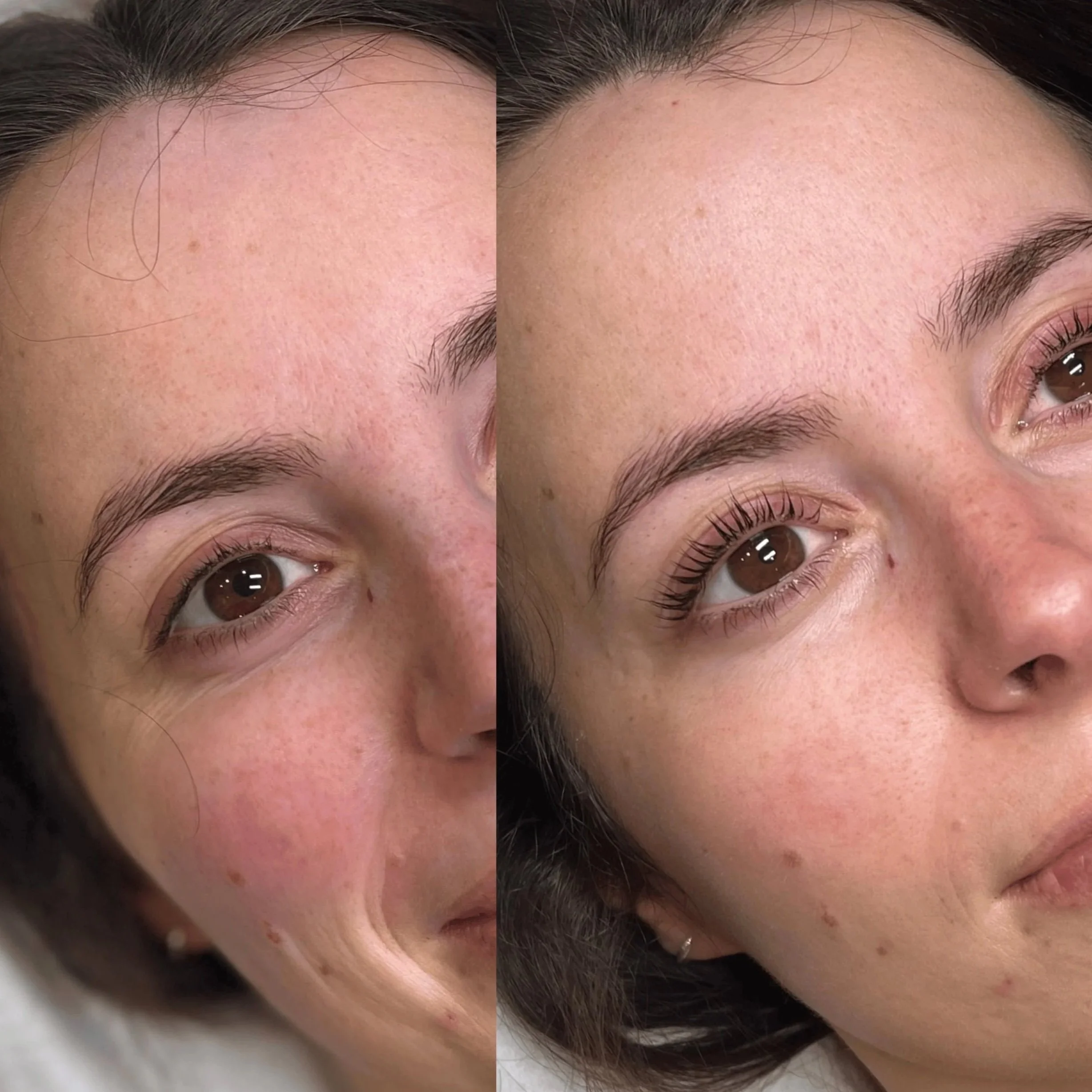 LVL lash lift before and after: short natural lashes lifted, curled and darkened with Nouveau Lashes LVL at our Surbiton studio