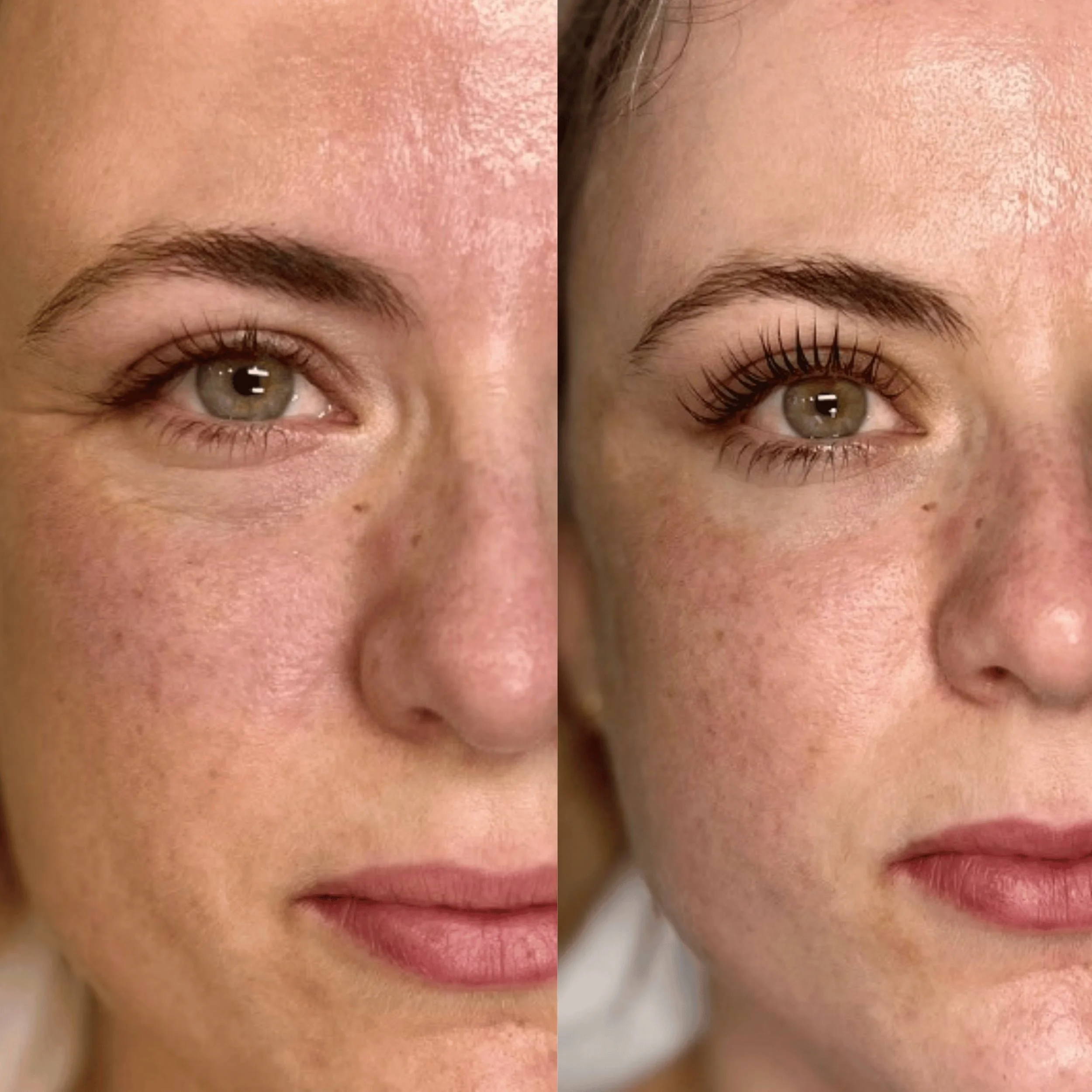 LVL lash lift and tint before and after in Surbiton: straight natural lashes lifted from the root and tinted darker on green eyes