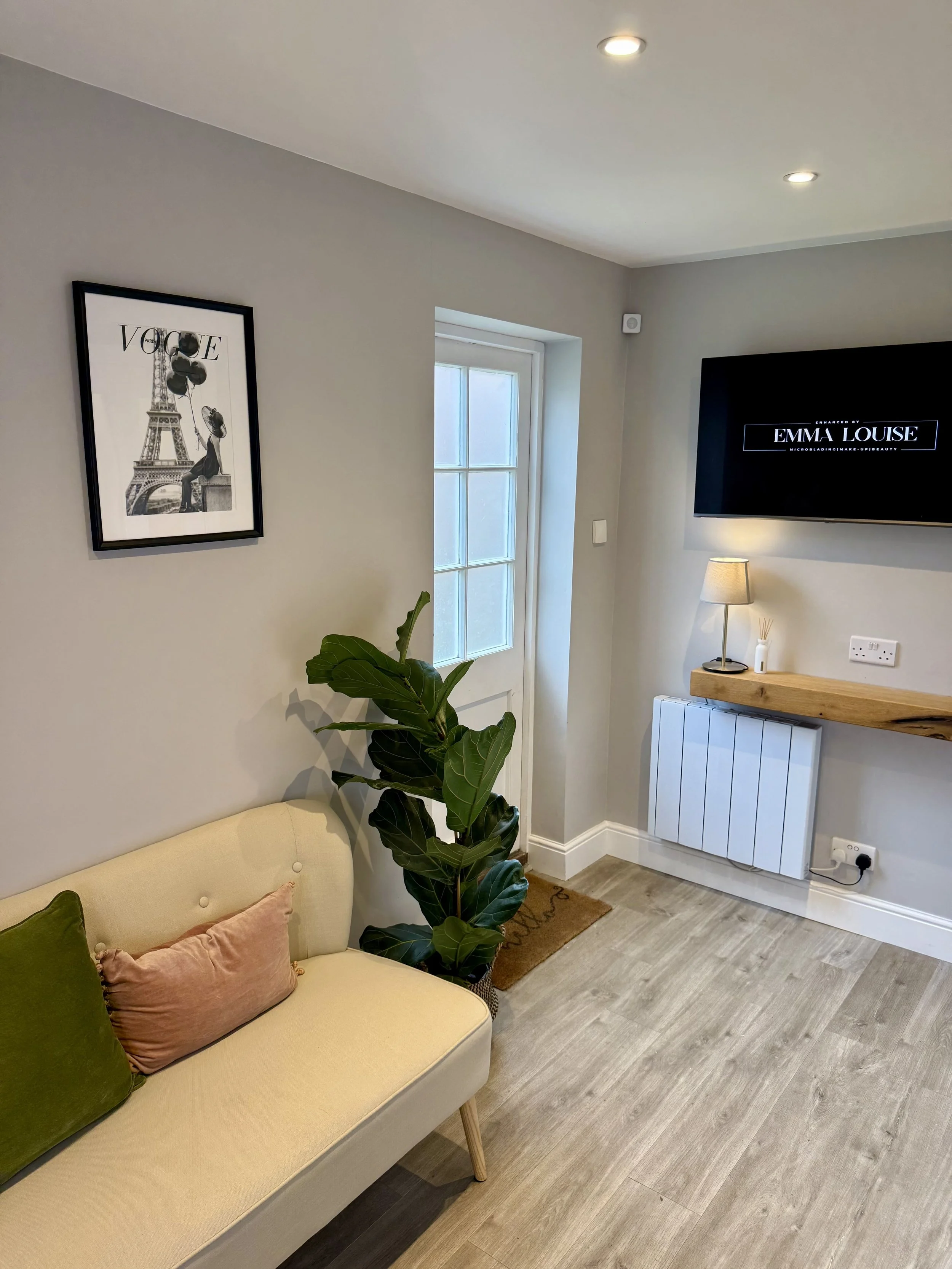 Client seating area in the Enhanced by Emma Louise beauty studio, Surbiton
