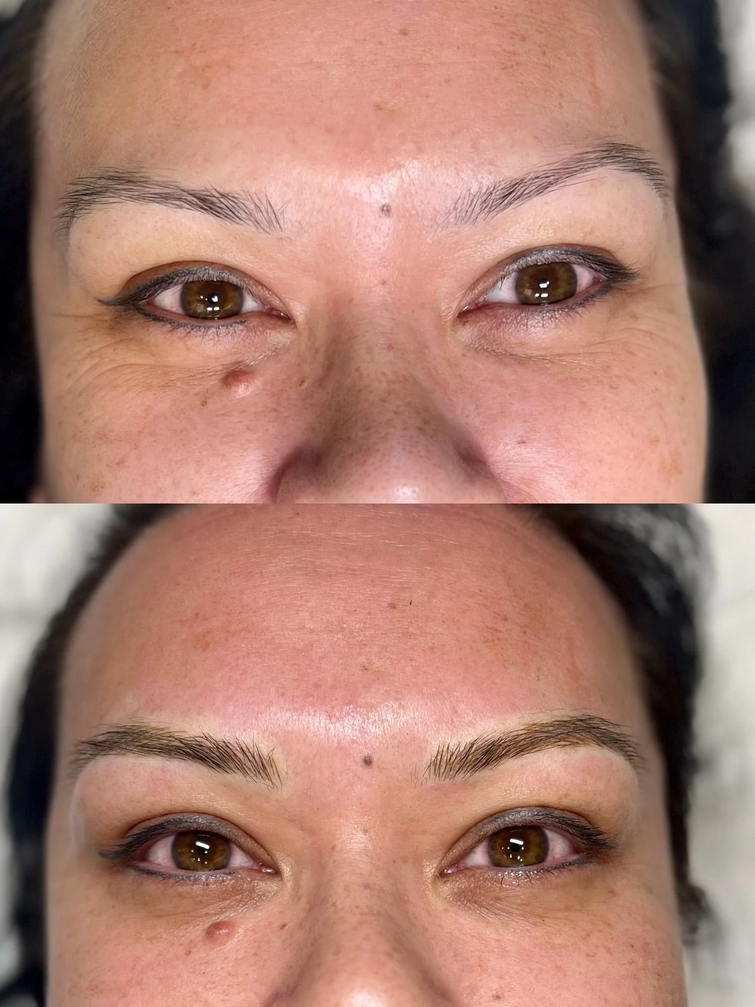 Before and after microblading in Surbiton: sparse brow tails filled in to frame the eyes.