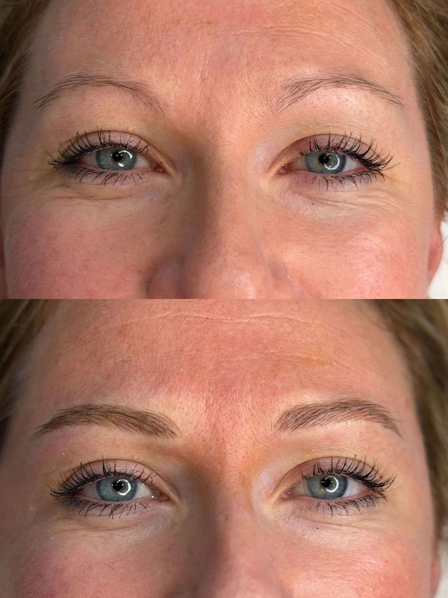 Before and after microblading in Surbiton: thin, patchy brows given fuller shape with fine hair strokes