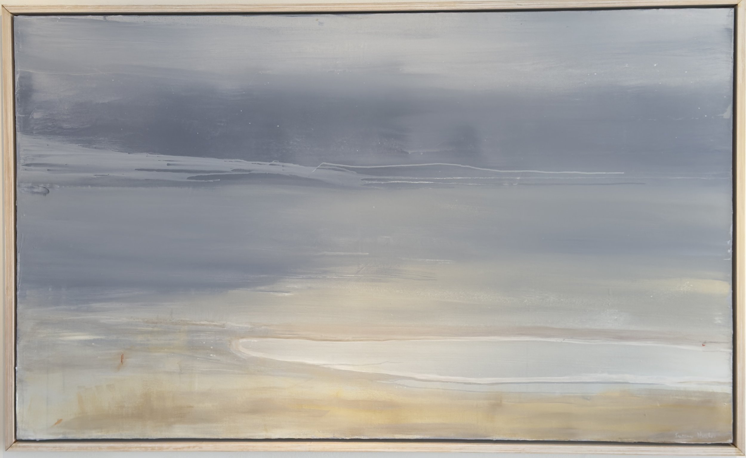 Acrylic on canvas, 36x60. framed size 28 x 62". This work evokes the sense of vast, tranquil spaces and the gentle interplay of light and shadow that define the piece.
Beautiful whitewashed wood float frame